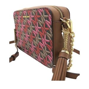 NWOT Michael Kors Jet Set Brown Pink Red MK Monogram Medium Logo Camera Bag